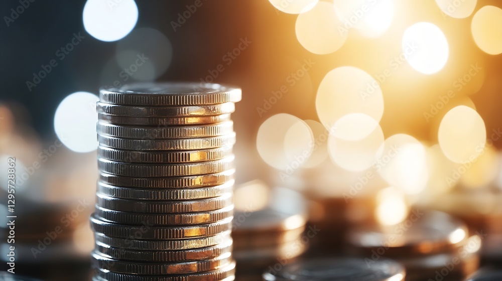Poster Stack of Shiny Coins with Soft Warm Bokeh Background Creating a Luxurious Wealth Environment : Generative AI