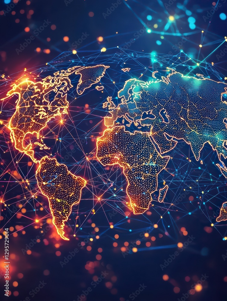 Poster global network visualization: a detailed digital illustration of the earth's continents, intertwined