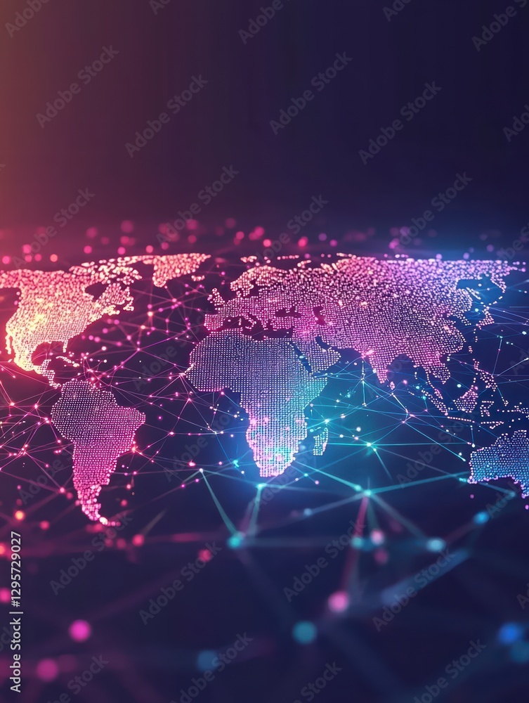 Poster global connectivity: an intricate, luminous map of the world interwoven with interconnected lines an