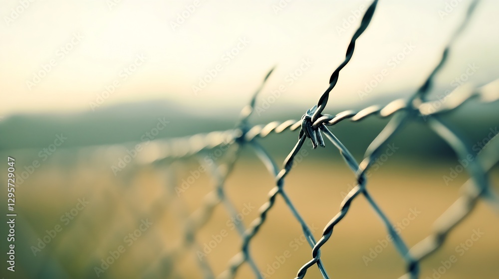 Poster Closeup of barbed wire fence catching early morning light creating a sense of separation and confinement : Generative AI