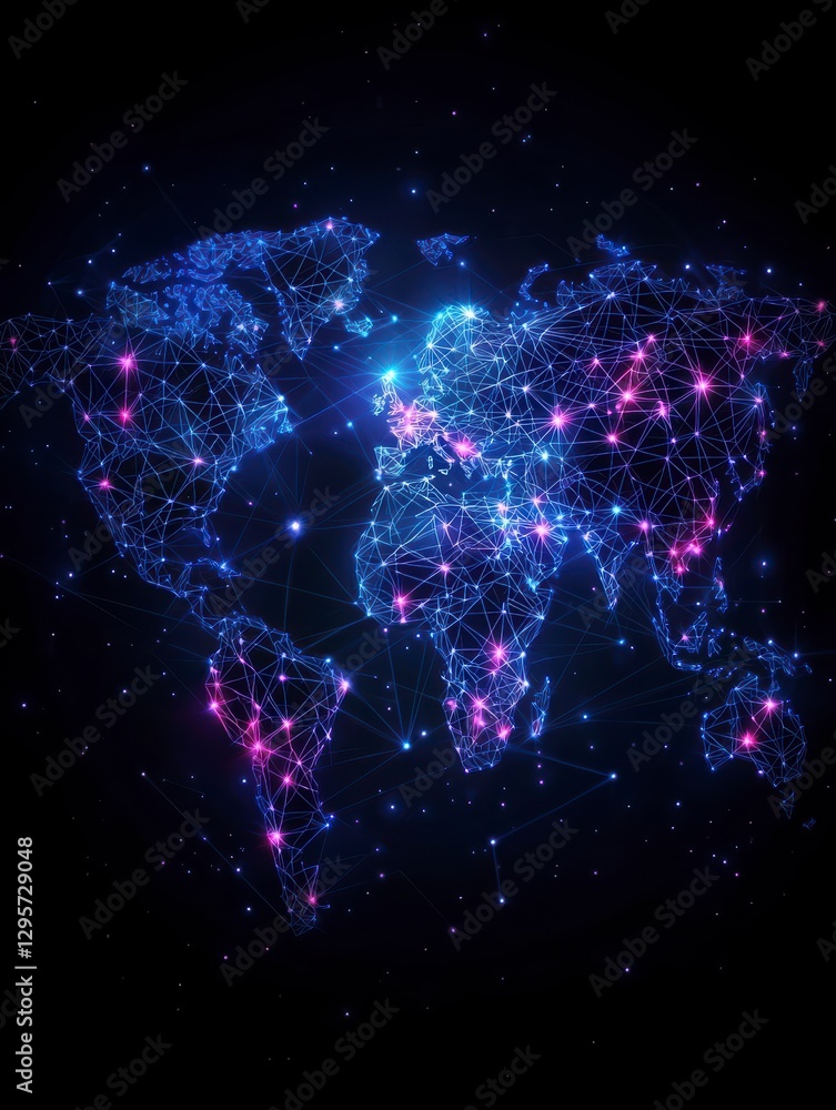 Poster global network of information: an illuminated digital rendition of earth, interconnected by a lumino
