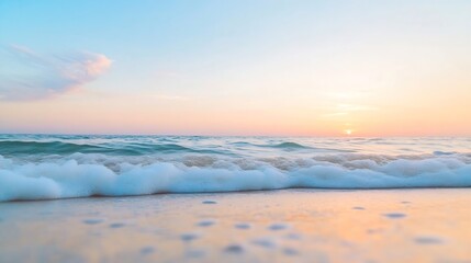 Fototapeta premium Tranquil ocean waves gently lap the shore at twilight with a colorful sunset hue : Generative AI