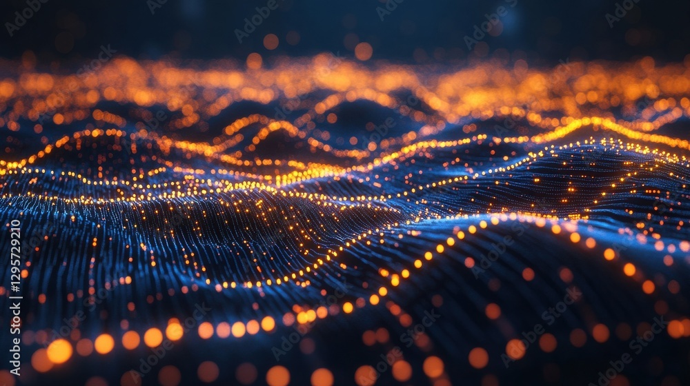 Poster glowing data points forming a complex network in a digital landscape