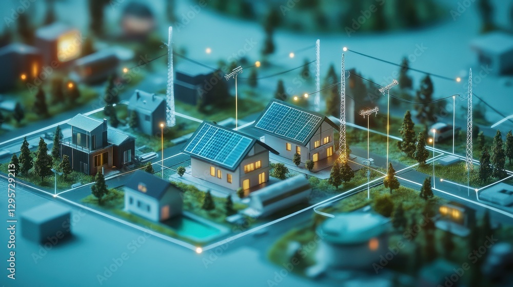 Poster diagram showcasing the interconnected smart grid infrastructure that seamlessly integrates renewable