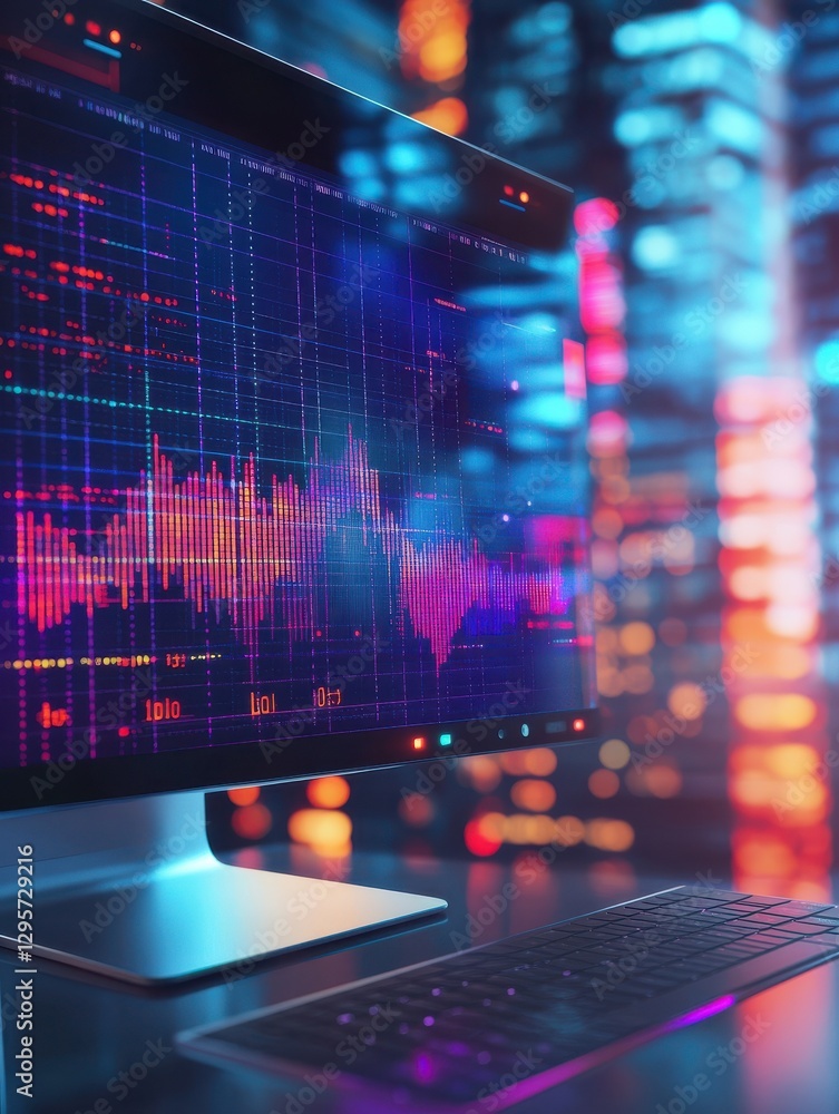 Poster close up of workspace with computer monitor and abstract glowing business chart on blurry grid backg