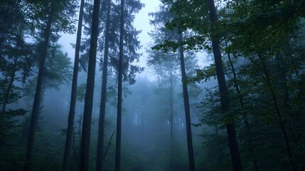 Obraz premium Mysterious fogfilled forest scene with tall trees creating an enchanting and atmospheric woodland setting : Generative AI