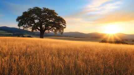 Fototapeta premium Serene Landscape at Sunset Featuring a Majestic Tree on Golden Wheat Field : Generative AI