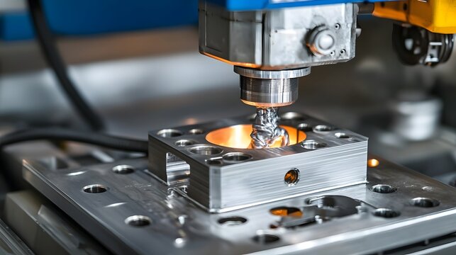 A close up photo of a die casting machine injecting molten metal into a metal mold showcasing the industrial manufacturing process of metal casting and fabrication