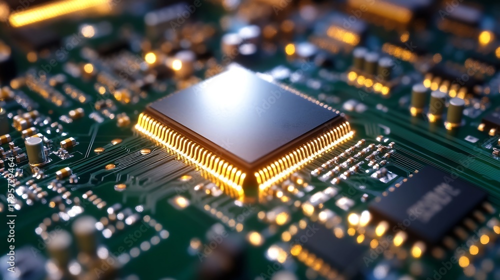 Poster Close up of a high performance CPU chip on a circuit board highlighting advanced technology and microelectronics : Generative AI