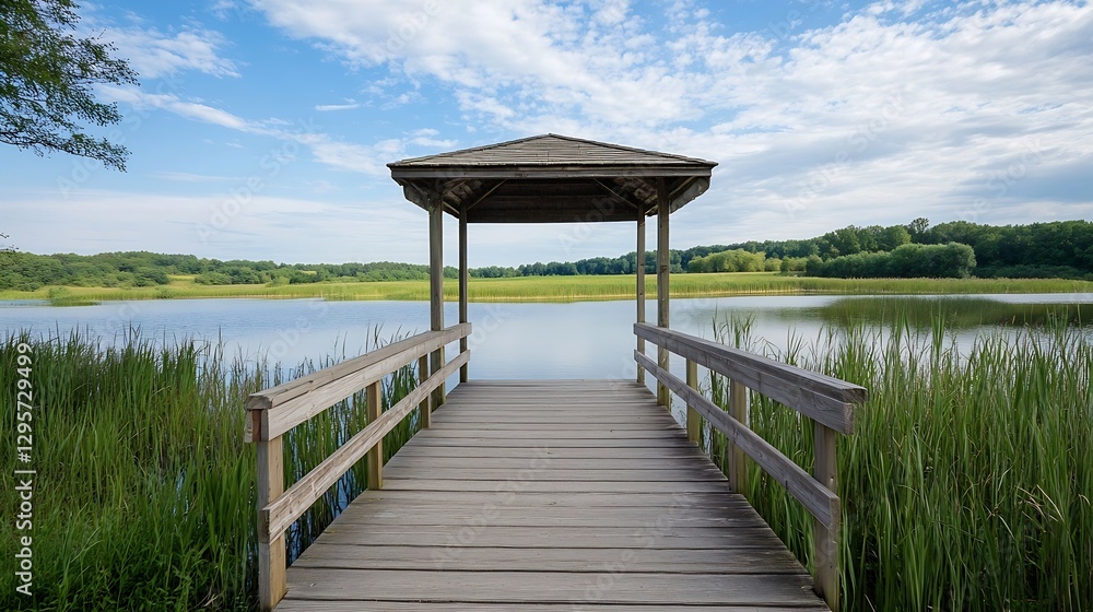 Poster scenic view of a tranquil lake and wooden dock under a blue sky : generative ai