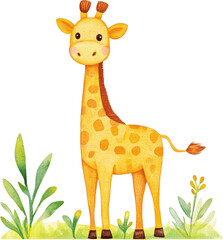 Fototapeta premium Adorable Watercolor Giraffe Illustration Standing in Grassland Perfect for Kids Books and Designs