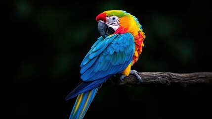 Fototapeta premium A Colorful Parrot Perched on a Branch Against a Dark Backdrop