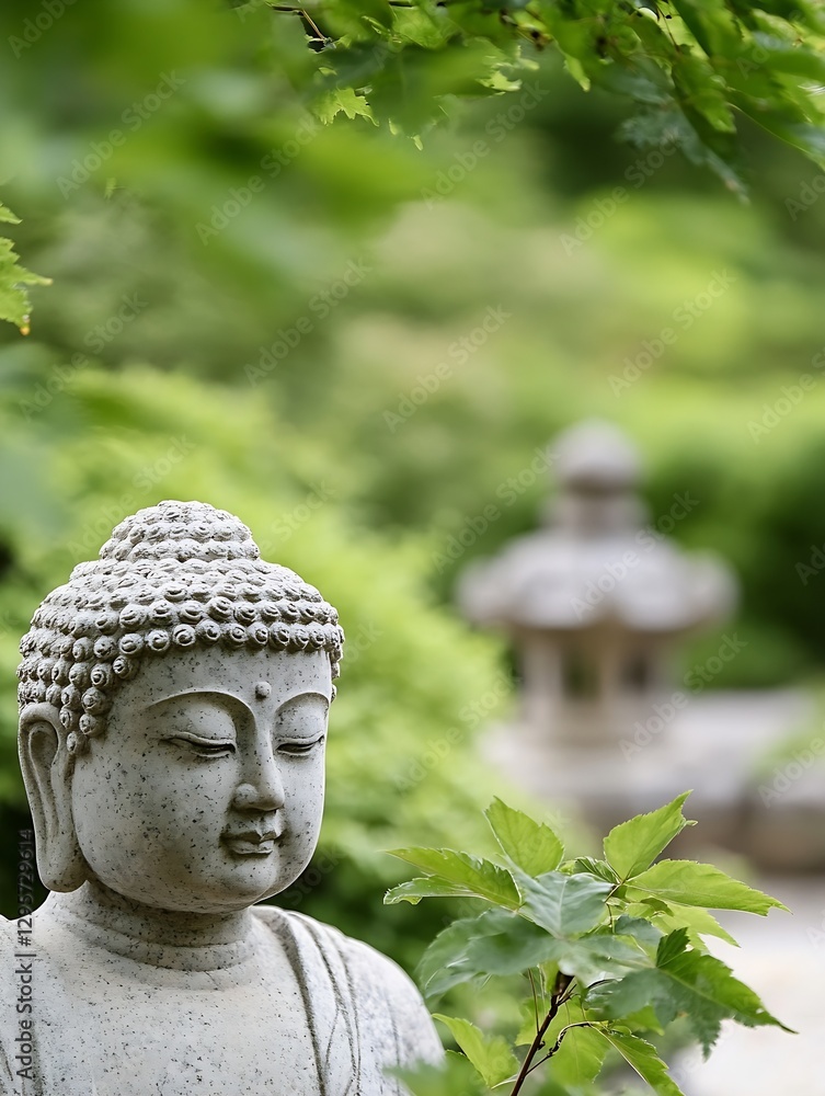 Poster peaceful garden scene featuring a serene buddha statue surrounded by lush greenery and soft sunlight