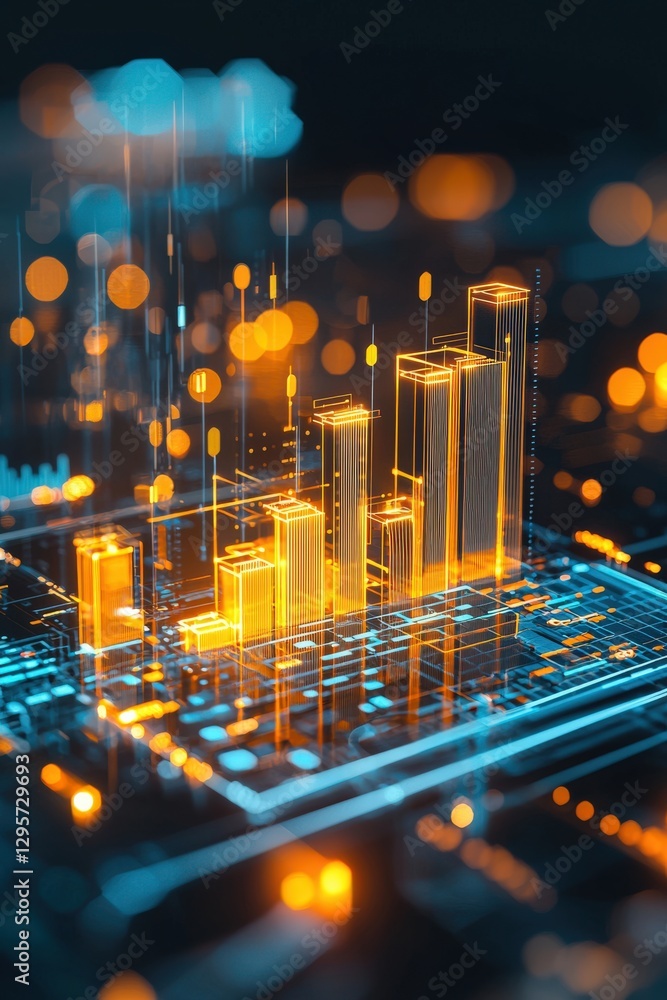 Poster a vibrant bar chart displayed in a digital environment showcases growth and data analysis trends, hi