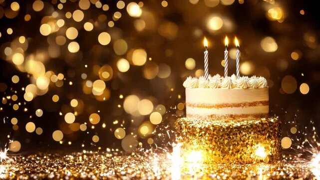 Golden Celebration Cake: Captivating the ambiance of an unforgettable moment, a meticulously decorated cake with three lit candles takes center stage against a background of sparkling bokeh lights.