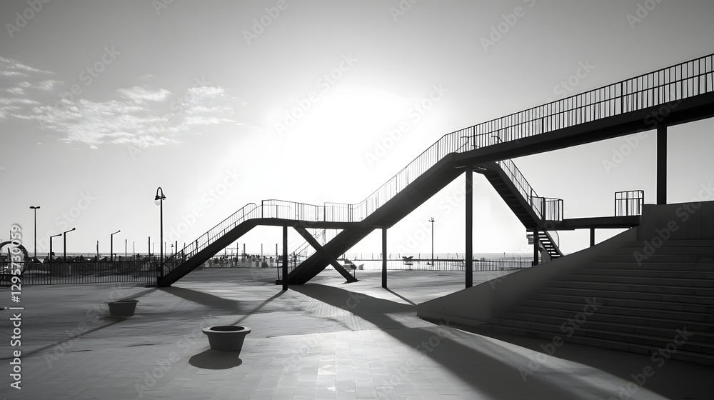 Poster A minimalistic monochrome amusement park with a strong focus on architectural structure form and geometric design creating a visually striking and abstract urban landscape with a modern