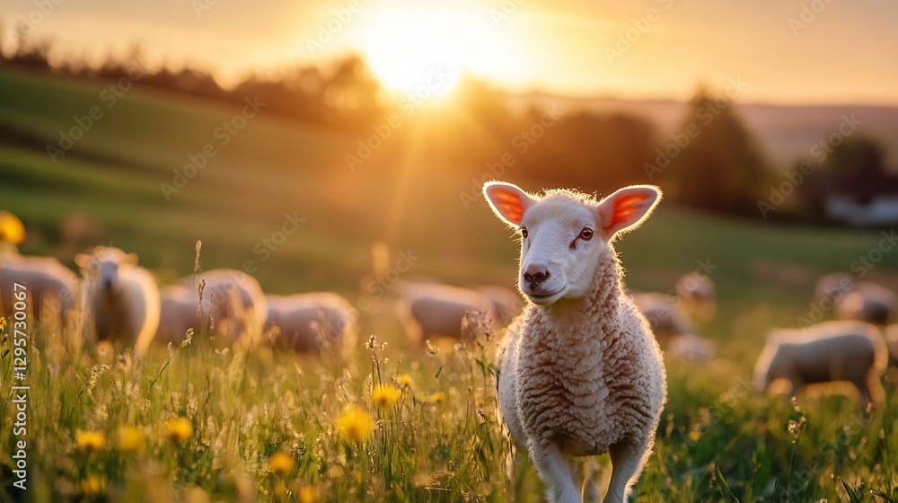 Poster a curious sheep stands in a sunlit meadow surrounded by blooming flowers and gentle rolling hills : 