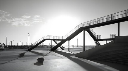 Obraz premium A minimalistic monochrome amusement park with a strong focus on architectural structure form and geometric design creating a visually striking and abstract urban landscape with a modern