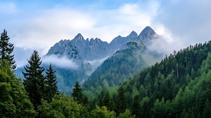 Fototapeta premium Majestic Mountain Landscape Surrounded by Lush Green Forest and Mist : Generative AI