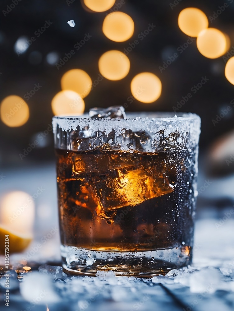 Poster Refreshing cocktail in glass with ice and bokeh lights in the background creating a warm atmosphere : Generative AI