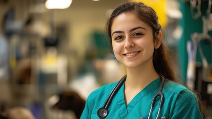 Young Female Veterinarian Smiling in Surgical Scrubs with Stethoscope in a Well-Equipped Animal Clinic Setting Surrounded by Veterinary Equipment