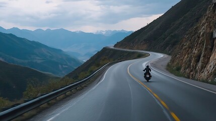 Adventurous motorcycle ride along winding road in mountainous landscape with dramatic clouds : Generative AI