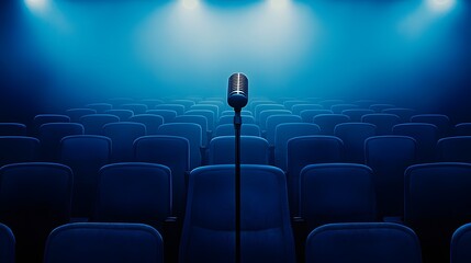 Empty Theater Stage with Microphone Under Blue Spotlight and Rows of Seats Ready for Performance