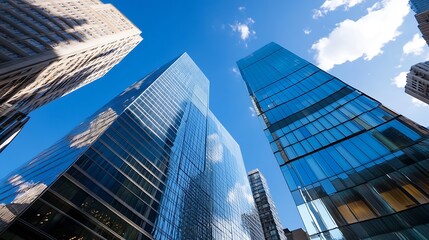 Obraz premium Tall glass skyscrapers under a bright blue sky with fluffy clouds in urban city landscape : Generative AI