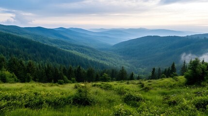 Obraz premium Breathtaking View of Lush Green Mountains Amidst Misty Horizon : Generative AI