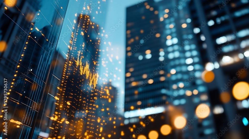 Poster abstract nighttime cityscape with blurred lights and graphical data projections reflecting off glass