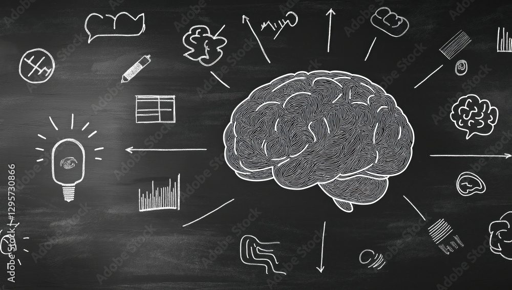 Aufkleber chalkboard illustration featuring a brain with interconnected elements symbolizing creativity and le