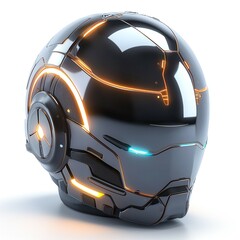 Futuristic black and orange helmet with sleek design and glowing accents.