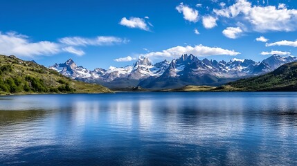 Majestic Mountain Range Reflected in Calm Lake Waters Under Clear Blue Sky : Generative AI