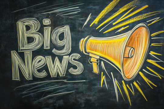 Chalkboard with big news announcement and megaphone illustration conveying excitement and urgency