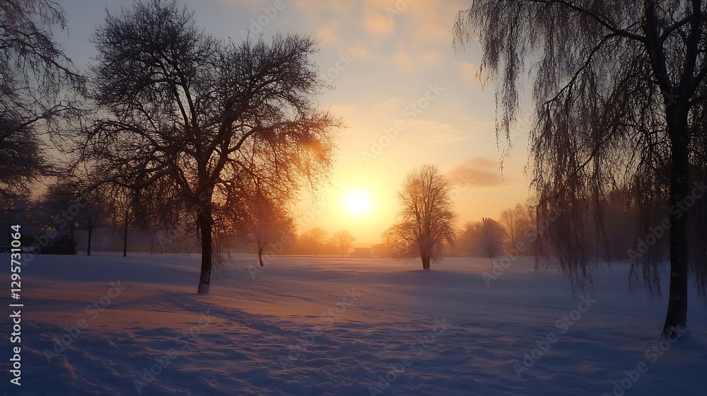 Poster gorgeous winter sunset over snow covered field framed by frosty trees : generative ai