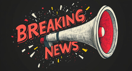 Illustration featuring the words breaking news with a megaphone and colorful background design