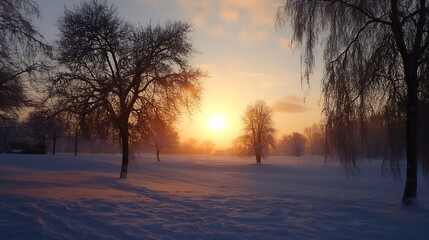 Gorgeous winter sunset over snow covered field framed by frosty trees : Generative AI