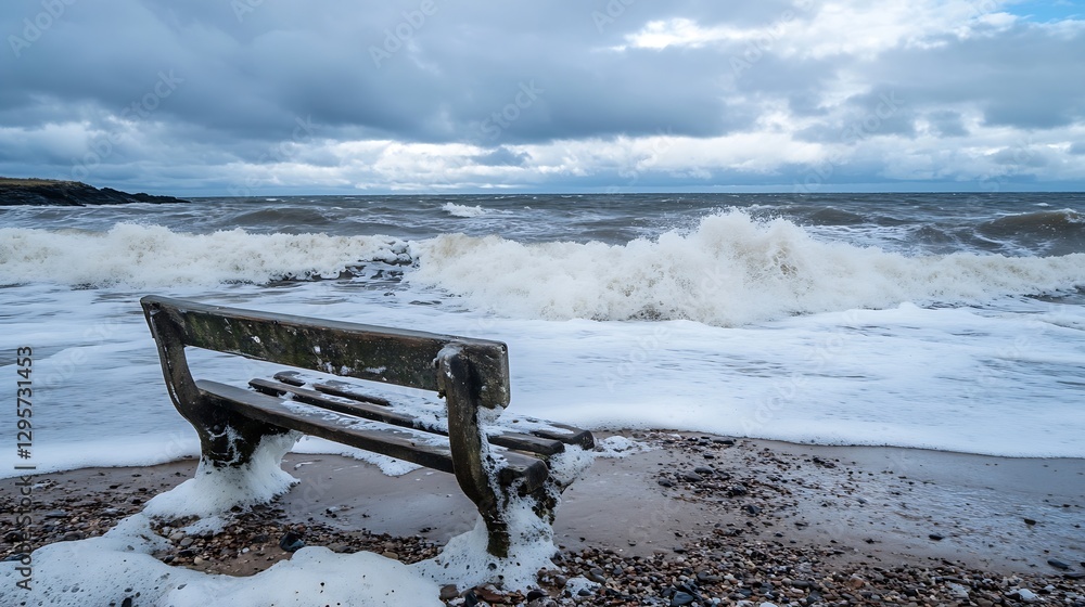 Aufkleber weathered wooden bench on a beach surrounded by crashing waves and dramatic cloudy sky : generative 