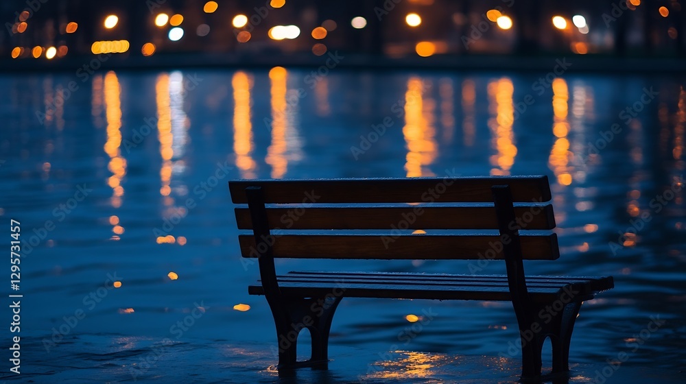 Poster serene park bench by water reflected in soft evening lights creating a tranquil scene : generative a