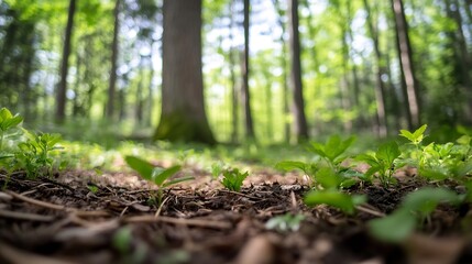 Vibrant Green Ground Cover and Tall Trees in a Sunlit Forest Creating a Perfect Natural Scene : Generative AI