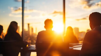 Silhouetted business team gathered around a table during a breathtaking sunset meeting : Generative AI