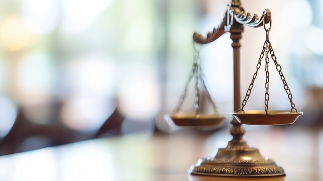 Elegant brass scales of justice representing law and order in a soft lit environment : Generative AI