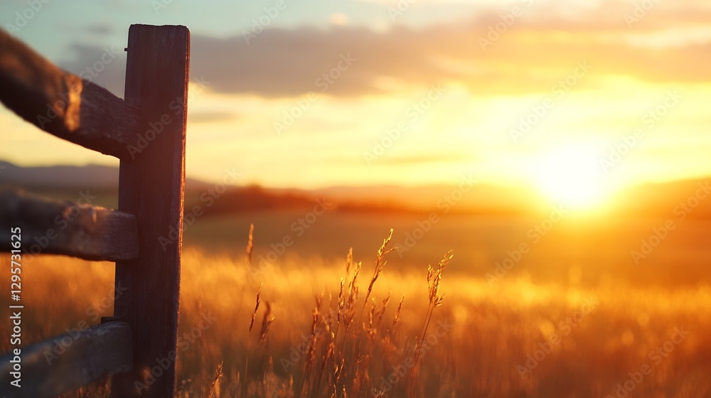 Poster stunning sunset view with a rustic wooden fence and golden grass illuminated by warm evening light :