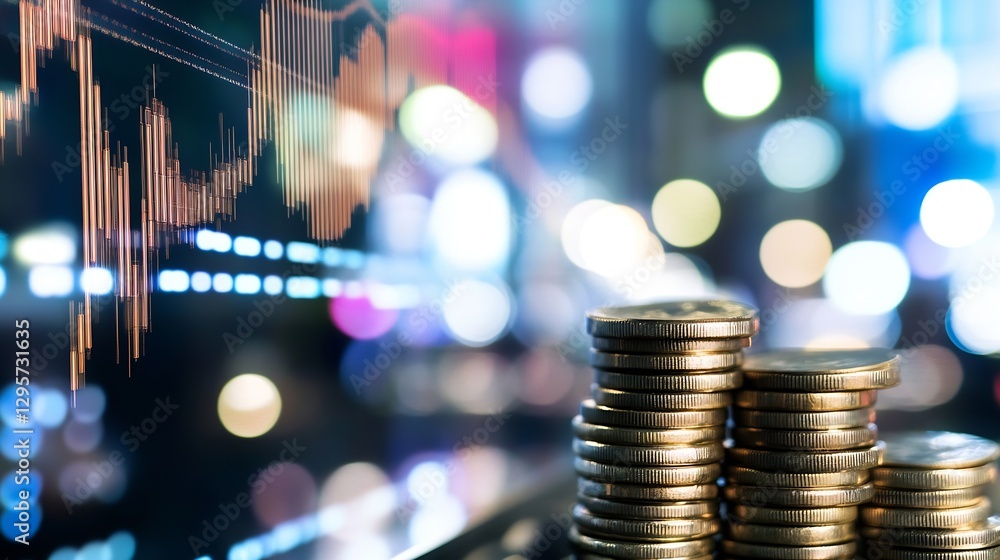 Aufkleber close up of stacked coins in front of a financial graph depicting economic growth and investment : g