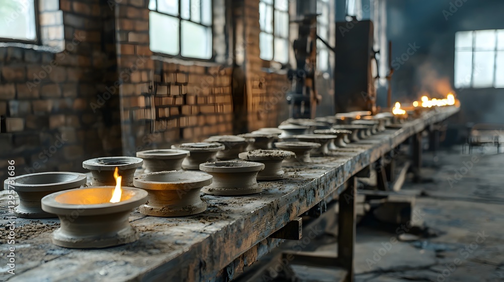 Poster A photograph showcasing an array of sand molds neatly arranged in an industrial foundry preparing for the intricate metal pouring process