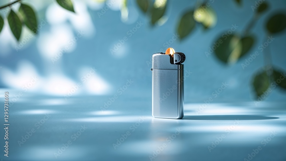 Aufkleber silver lighter placed on a table illuminated by soft sunlight with leaves in the background
