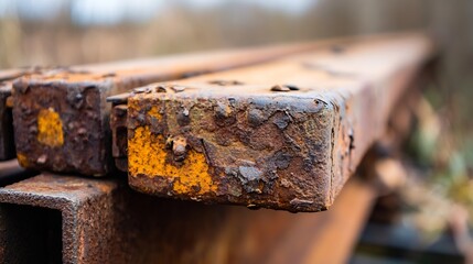 Fototapeta premium Close Up of Rusty Metal Rail with Textures and Aging Patina in Natural Setting : Generative AI