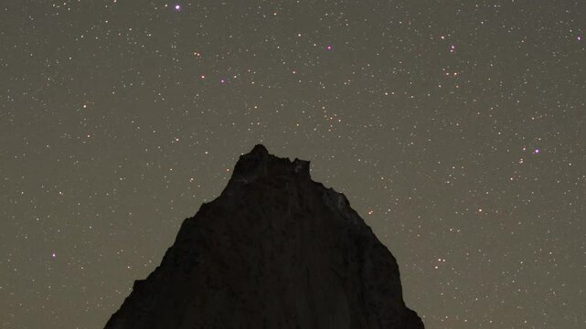 4K Ken Burn Zoom In Night lapse shot of stars behind the holy Gonbo Rangjon mountain peak during the night at Zanskar Valley in remote region of Ladakh, India. Stars behind the Himalayan mountain peak