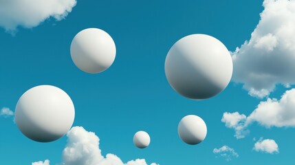 A serene sky filled with floating white spheres, creating a dreamy and abstract atmosphere against a bright blue backdrop.