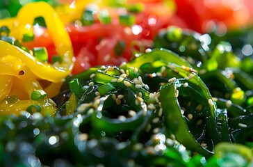Vibrant Wakame Poke Bowl with Fresh Toppings and Soft Lighting